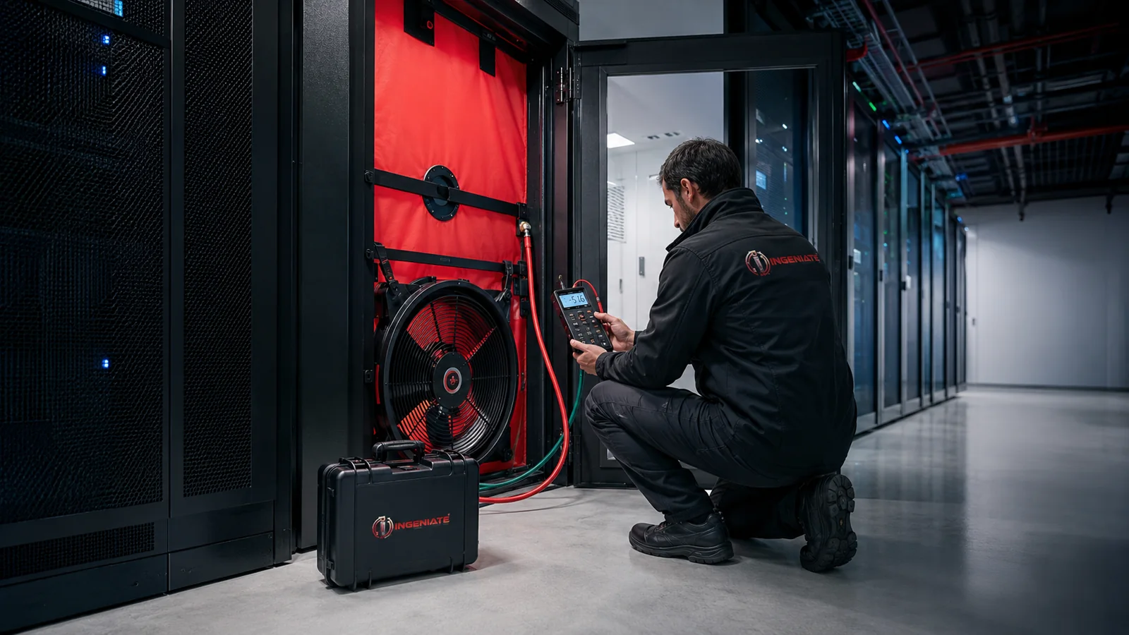 Técnico de INGENIATE realizando una prueba Door Fan Test en un data center