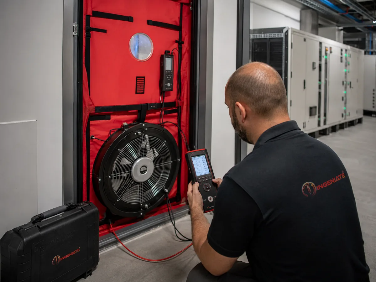 Equipo Door Fan Test instalado en acceso de sala técnica